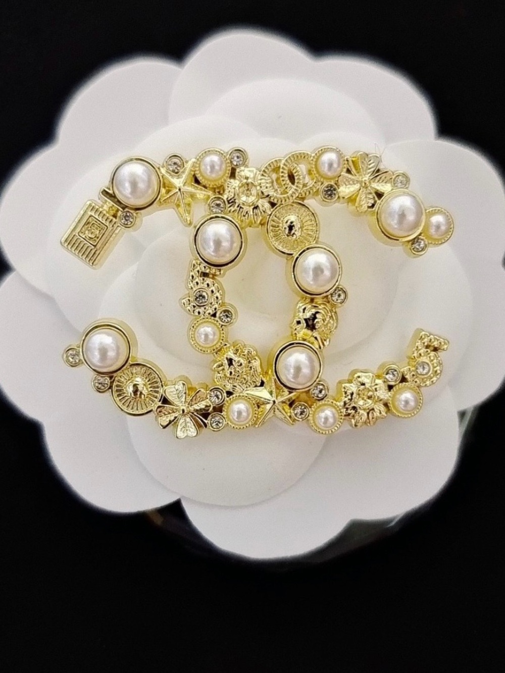 Double C Logo Gold Tone Stars, Pearls, Perfume Bottle Ornate Brooch
